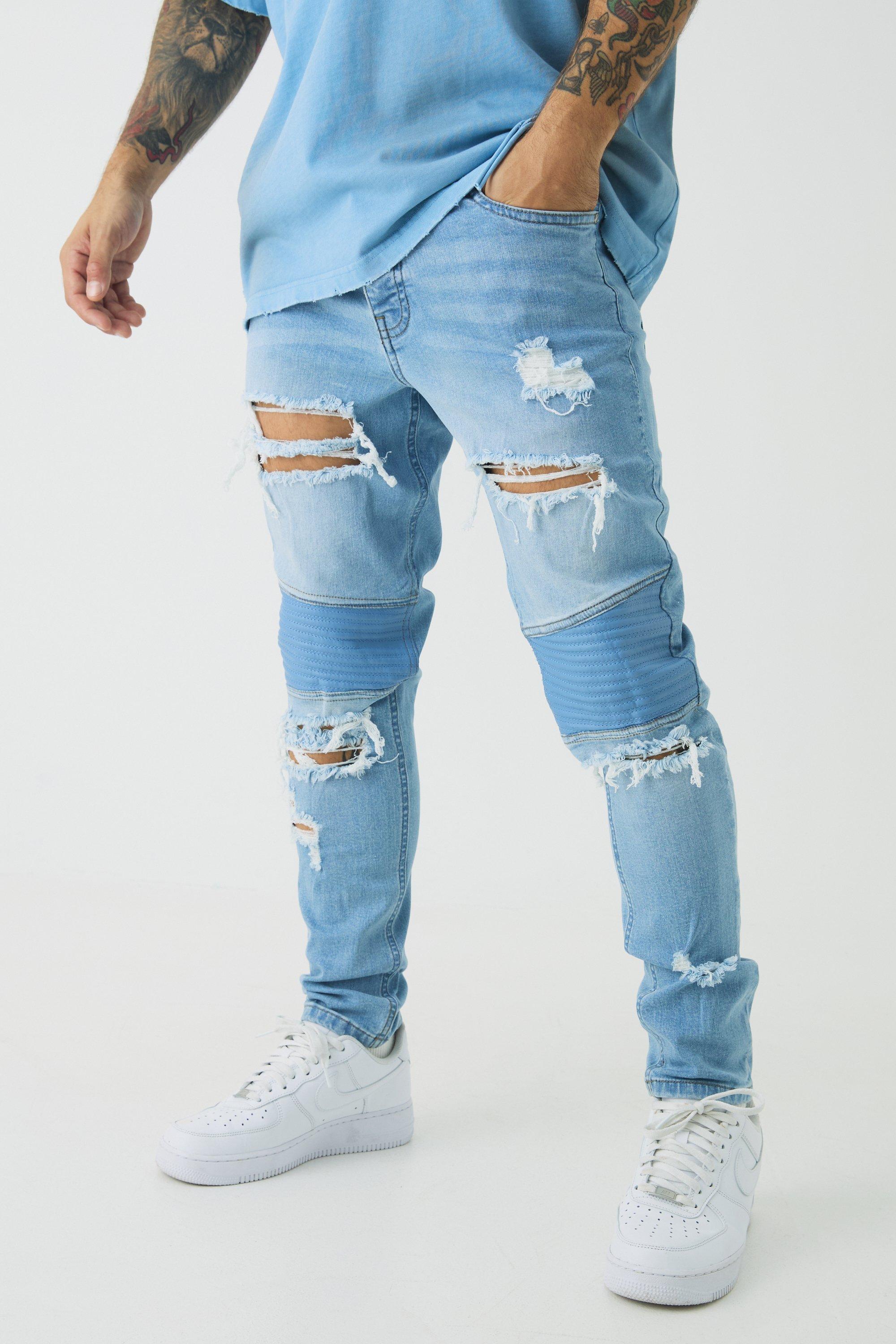 Mens Blue Skinny Distressed Raw Hem Biker Jeans, Blue